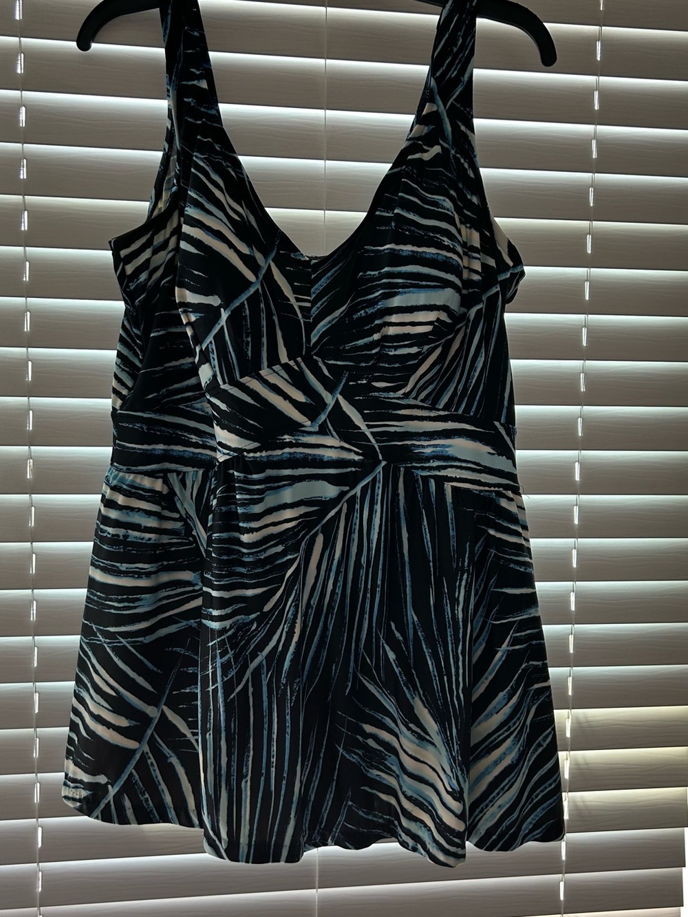 Maxine of Hollywood Black, White & Blue Palm-Print swimsuit with attached bottom